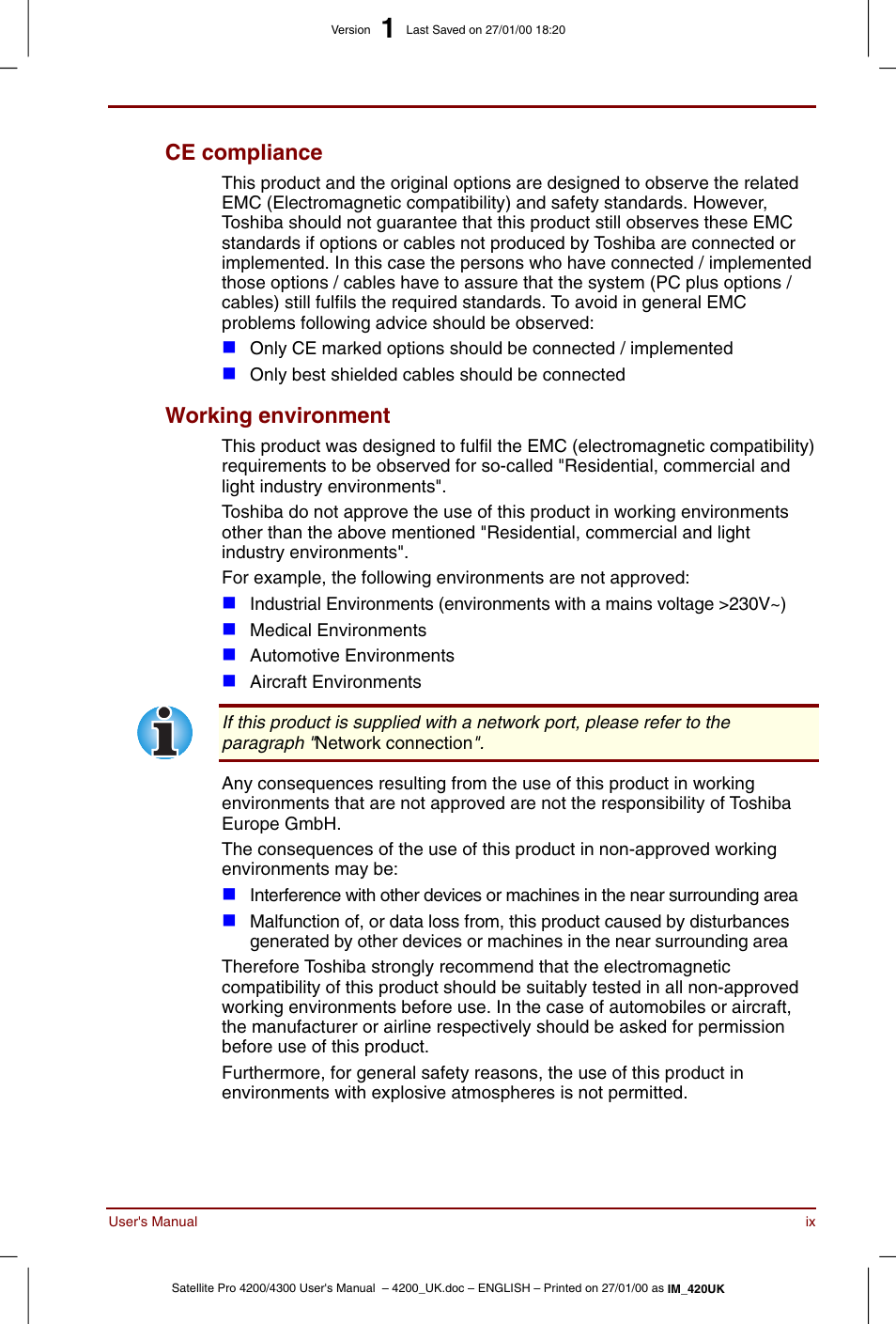 Ce compliance, Working environment | Toshiba Satellite Pro 4320 User Manual | Page 9 / 230