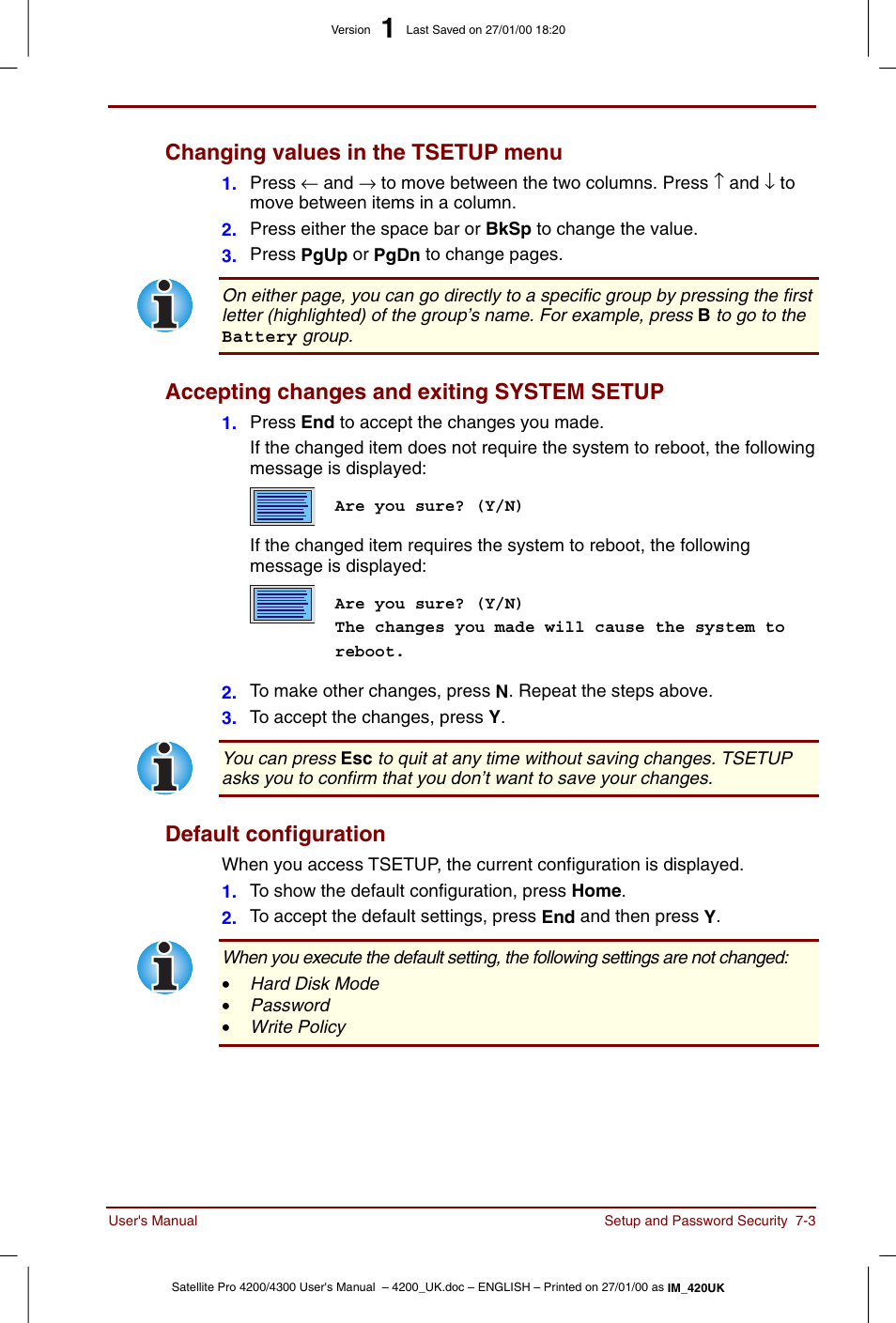 Changing values in the tsetup menu, Accepting changes and exiting system setup, Default configuration | Toshiba Satellite Pro 4320 User Manual | Page 91 / 230