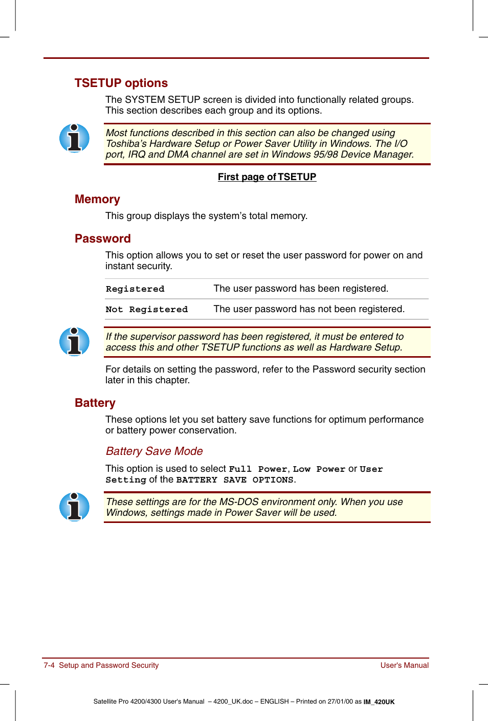 Tsetup options -4 memory -4 password -4 battery -4, Tsetup options, Password | Battery | Toshiba Satellite Pro 4320 User Manual | Page 92 / 230