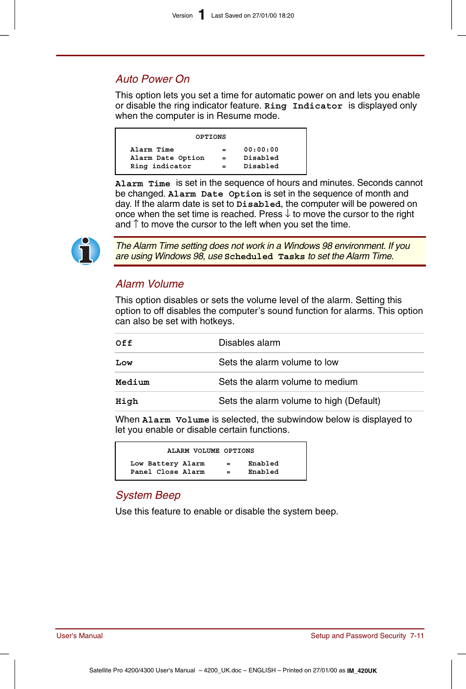 Auto power on, Alarm volume, System beep | Toshiba Satellite Pro 4320 User Manual | Page 99 / 230