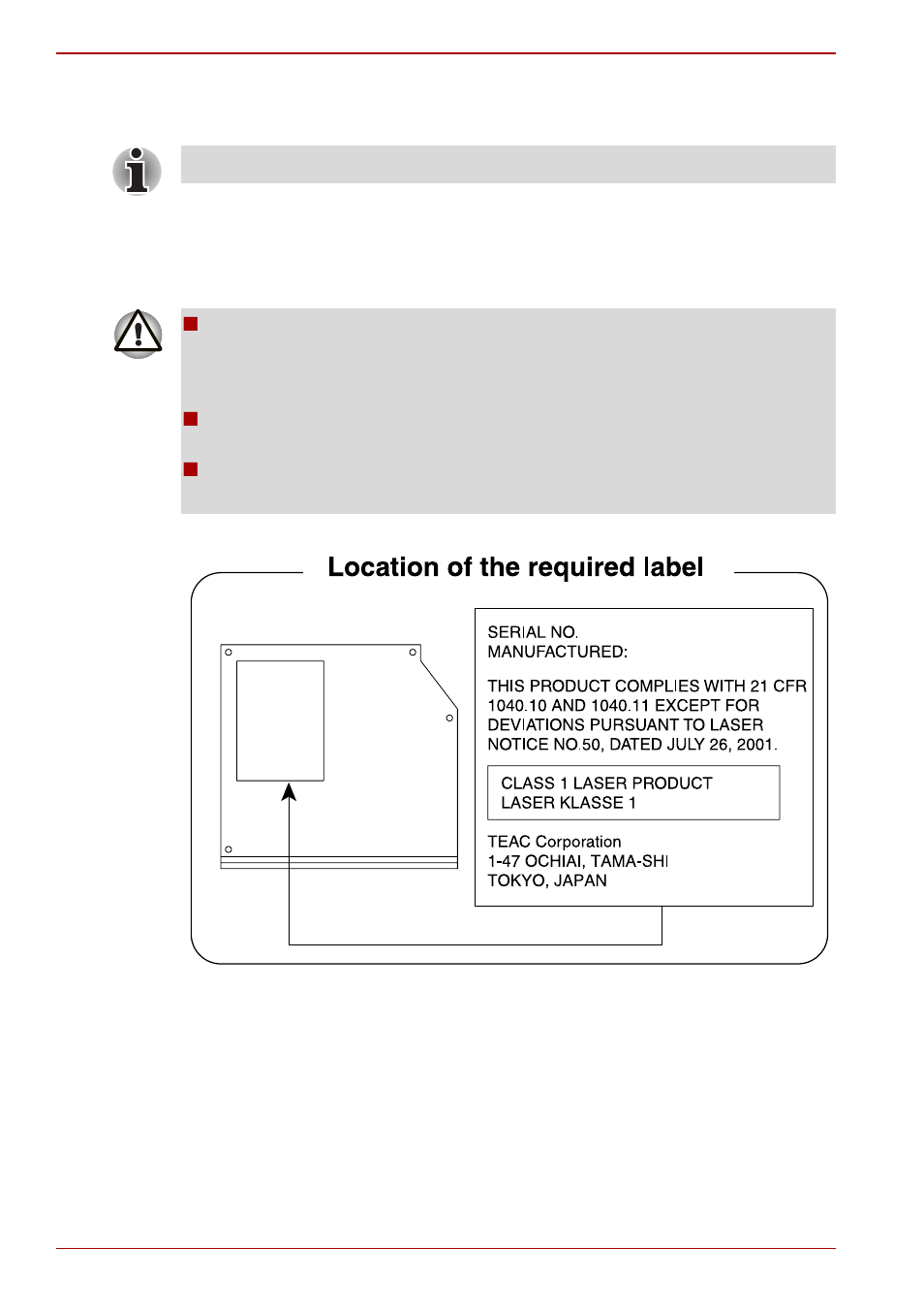 Optical disc drive safety instructions, Teac | Toshiba Satellite Pro S300L User Manual | Page 12 / 202