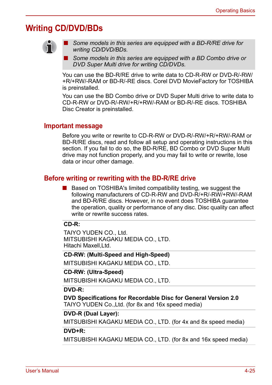 Writing cd/dvd/bds, Writing cd/dvd/bds -25, Writing cd/dvd | Important message, Before writing or rewriting with the bd-r/re drive | Toshiba Qosmio X500 User Manual | Page 104 / 213