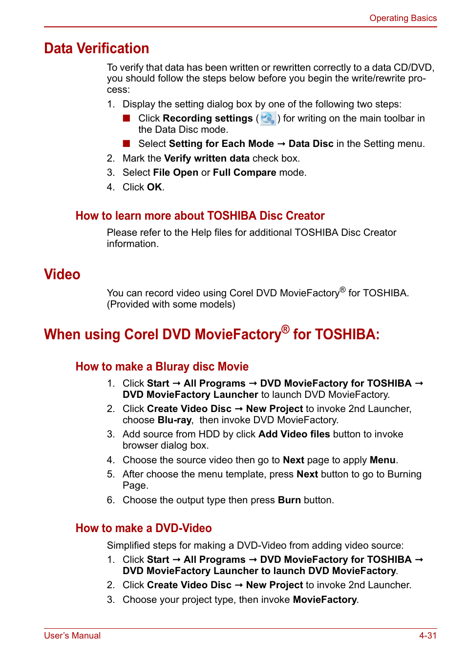 Data verification, Video, When using corel dvd moviefactory® for toshiba | When using corel dvd moviefactory, For toshiba | Toshiba Qosmio X500 User Manual | Page 110 / 213