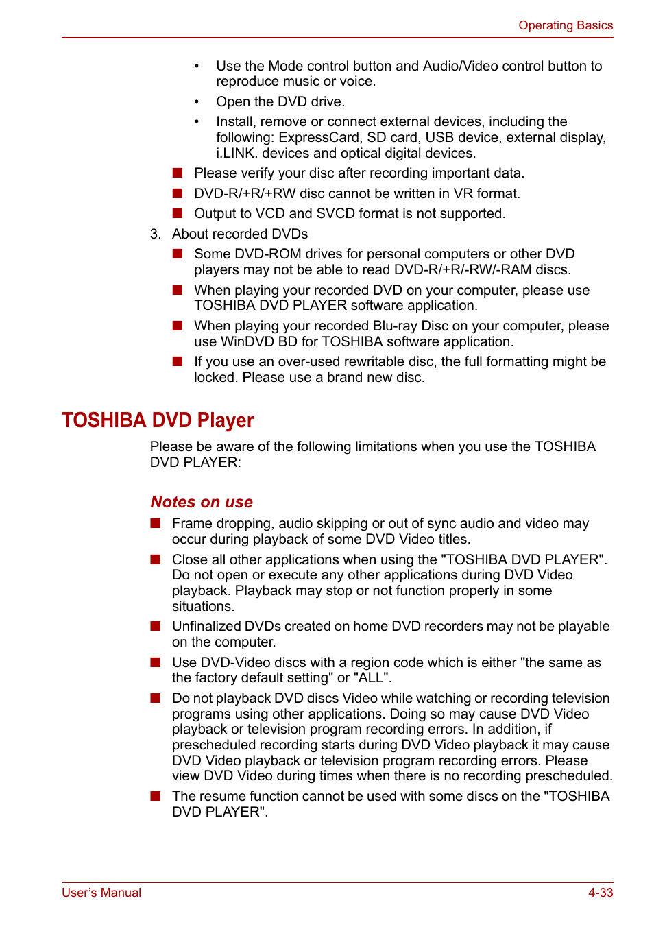 Toshiba dvd player, Toshiba dvd player -33 | Toshiba Qosmio X500 User Manual | Page 112 / 213
