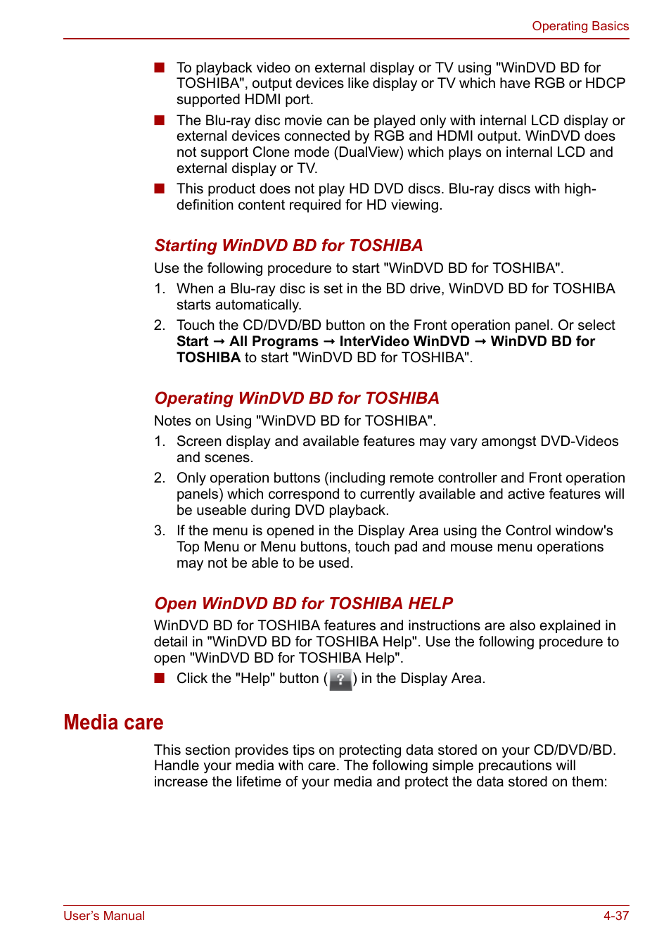 Media care, Media care -37 | Toshiba Qosmio X500 User Manual | Page 116 / 213