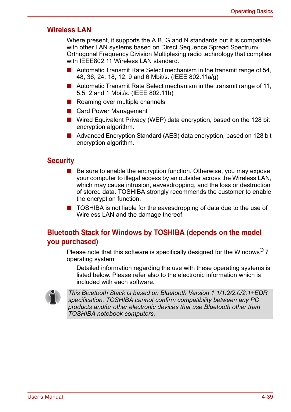 Wireless lan, Security | Toshiba Qosmio X500 User Manual | Page 118 / 213