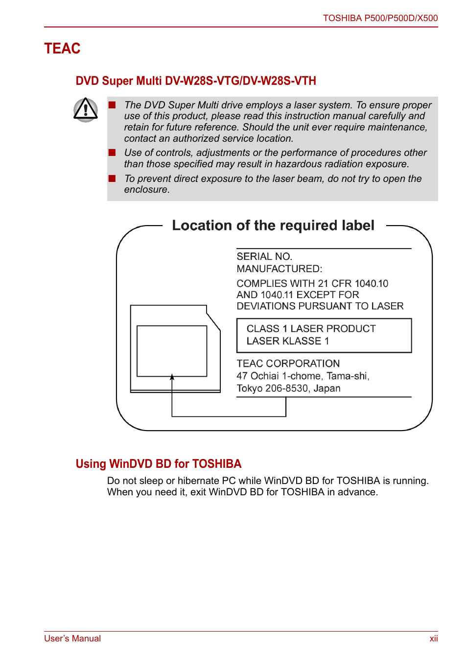 Teac | Toshiba Qosmio X500 User Manual | Page 12 / 213