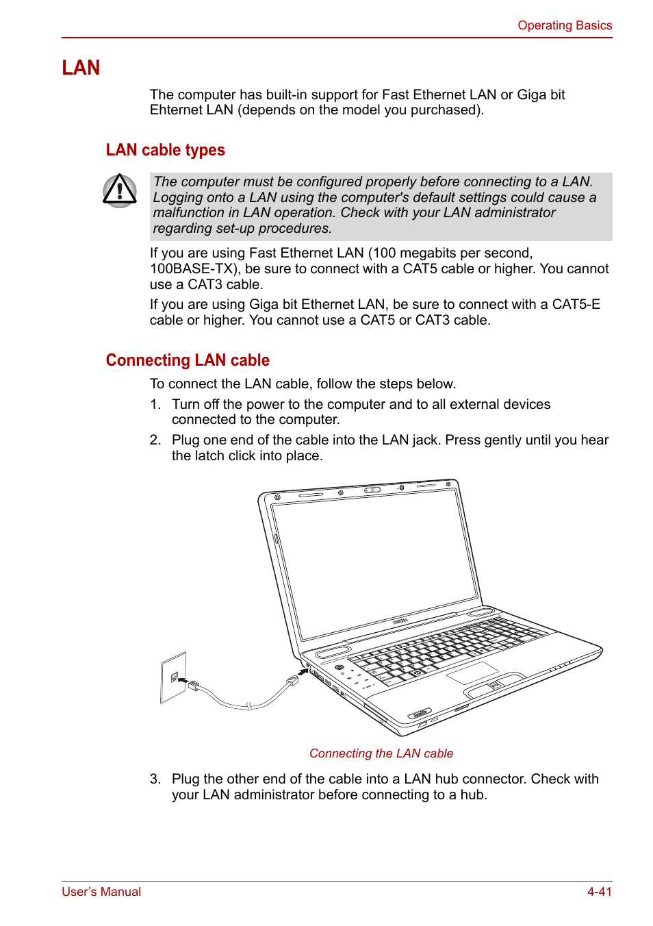Lan -41, Lan cable types, Connecting lan cable | Toshiba Qosmio X500 User Manual | Page 120 / 213