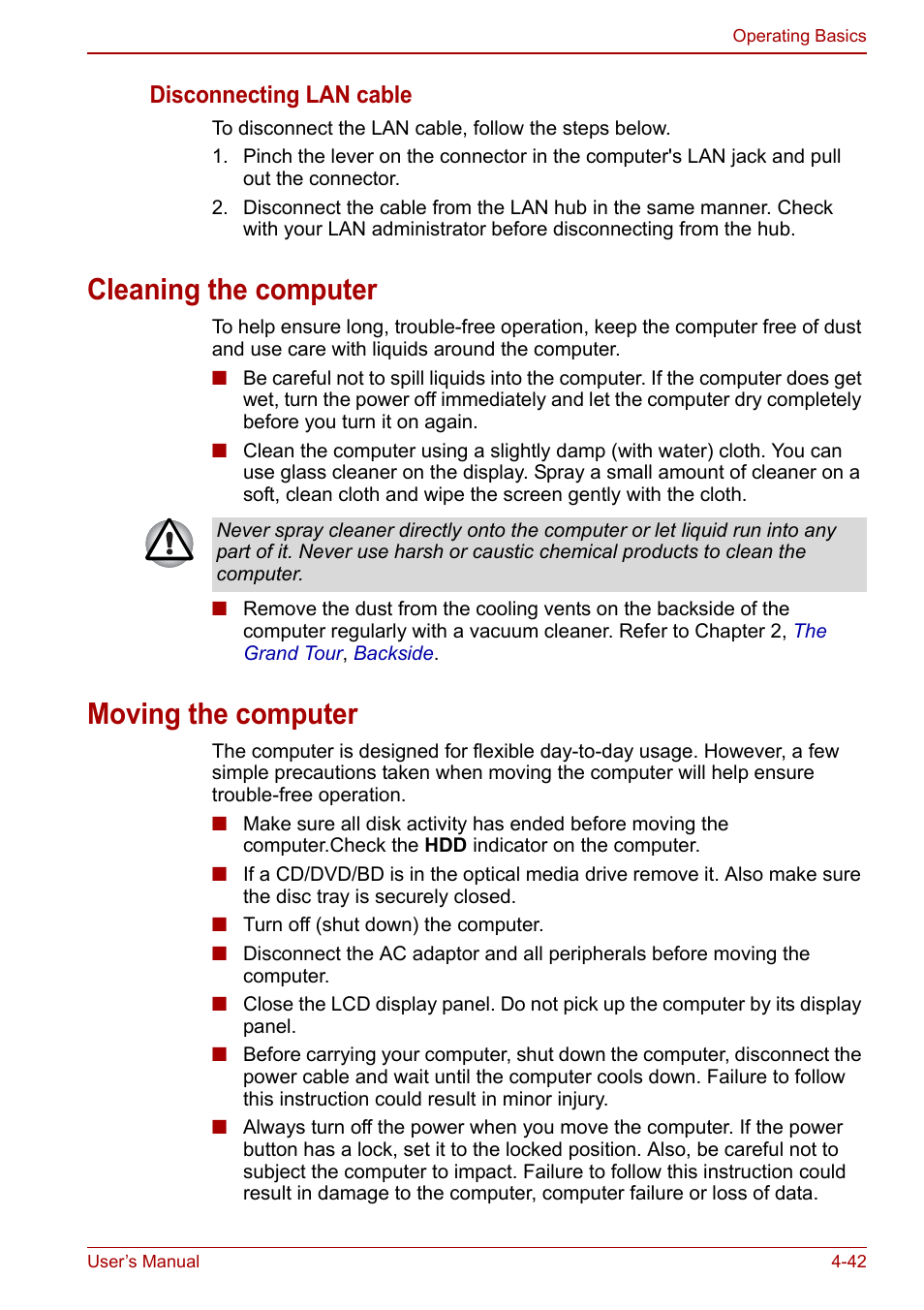 Cleaning the computer, Moving the computer, Cleaning the computer -42 moving the computer -42 | Disconnecting lan cable | Toshiba Qosmio X500 User Manual | Page 121 / 213