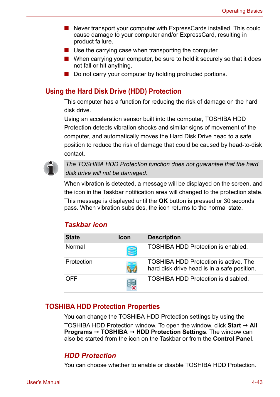 Using the, Hard disk drive (hdd) protection, Section in | Using the hard disk drive (hdd) protection, Toshiba hdd protection properties | Toshiba Qosmio X500 User Manual | Page 122 / 213