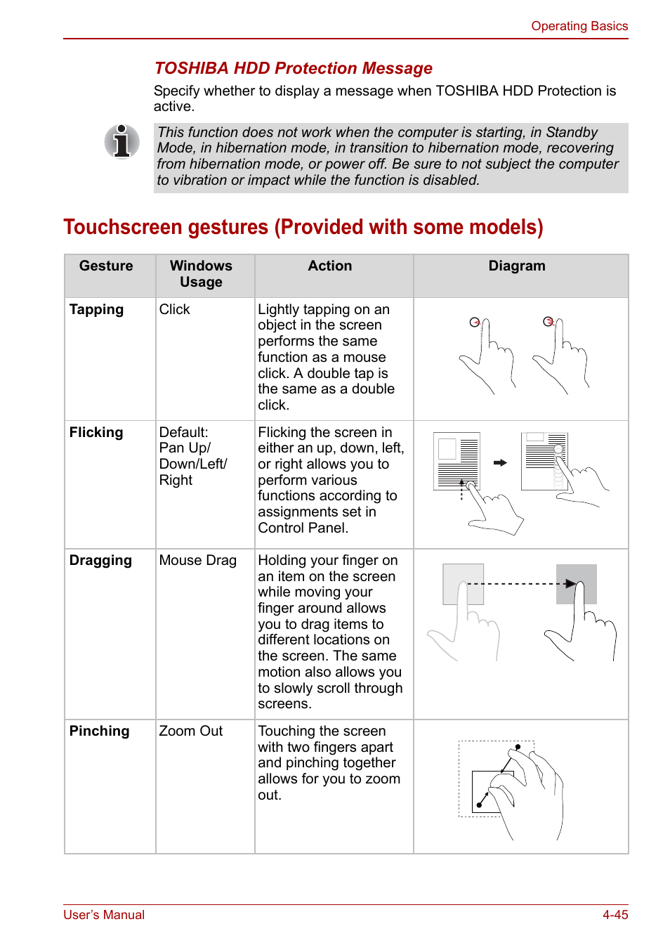 Touchscreen gestures (provided with some models) | Toshiba Qosmio X500 User Manual | Page 124 / 213