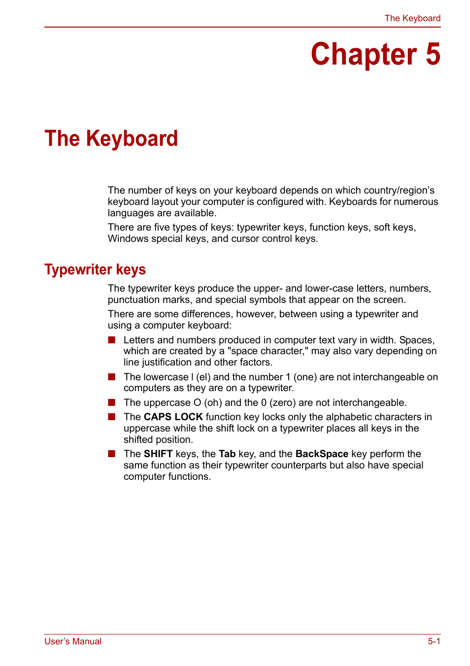 Chapter 5: the keyboard, Typewriter keys, Chapter 5 | The keyboard, Typewriter keys -1 | Toshiba Qosmio X500 User Manual | Page 126 / 213