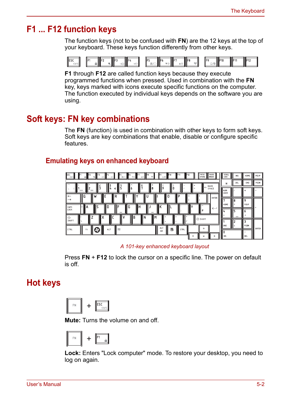 F1 ... f12 function keys, Soft keys: fn key combinations, Hot keys | Toshiba Qosmio X500 User Manual | Page 127 / 213