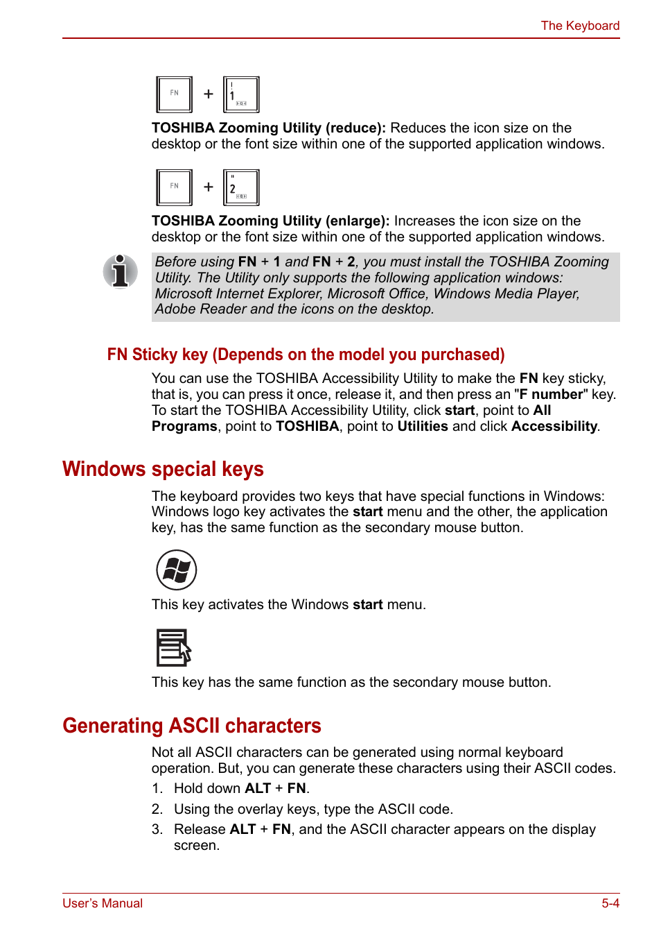 Windows special keys, Generating ascii characters | Toshiba Qosmio X500 User Manual | Page 129 / 213