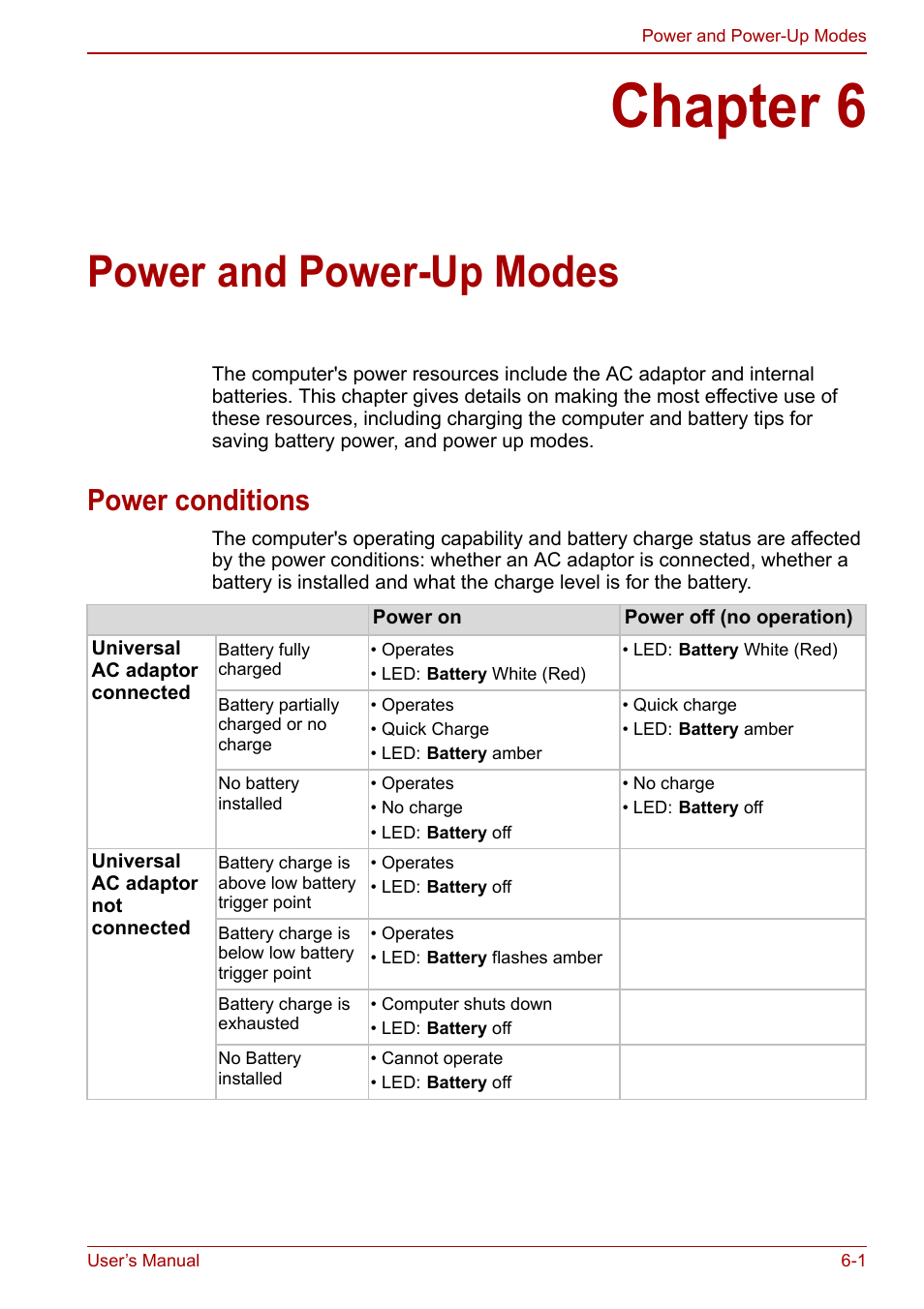 Chapter 6: power and power-up modes, Power conditions, Chapter 6 | Power and power-up modes, Power conditions -1 | Toshiba Qosmio X500 User Manual | Page 130 / 213