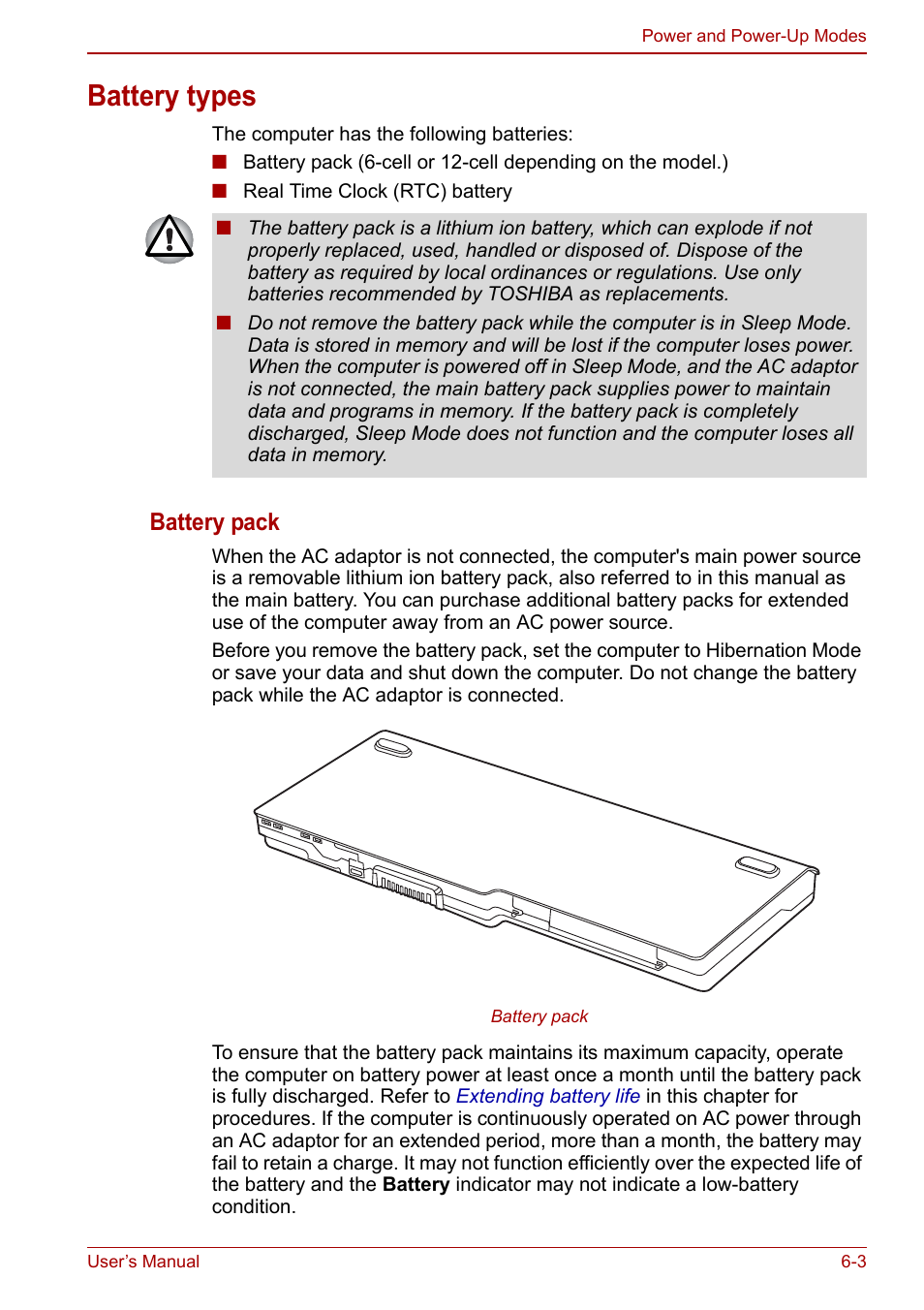 Battery types, Battery types -3, Battery pack | Toshiba Qosmio X500 User Manual | Page 132 / 213