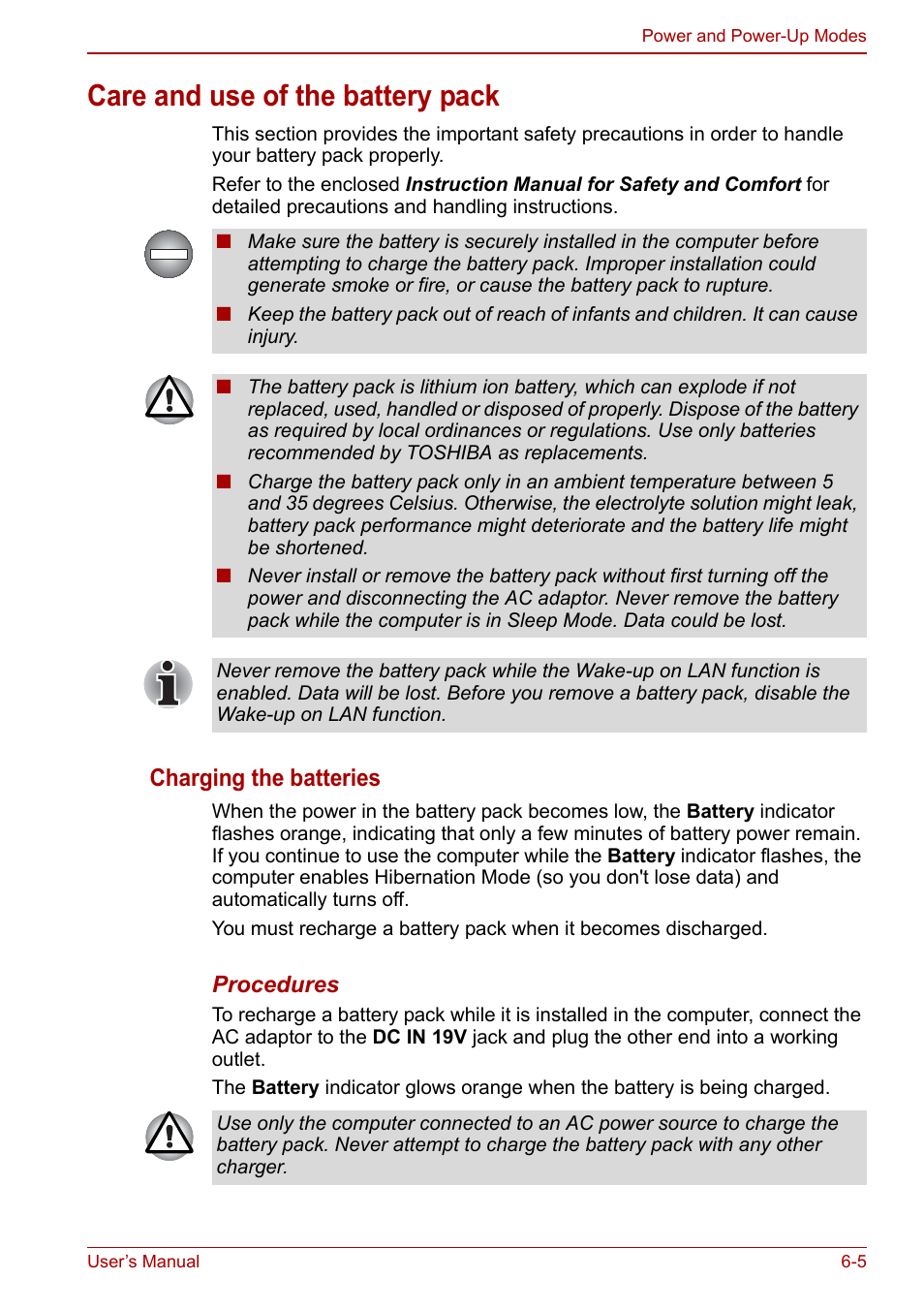 Care and use of the battery pack, Care and use of the battery pack -5, Charging the batteries | Toshiba Qosmio X500 User Manual | Page 134 / 213