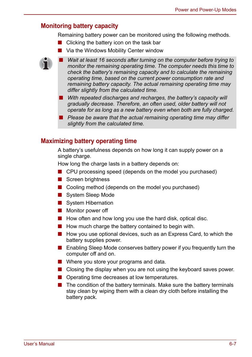 Monitoring battery capacity, Maximizing battery operating time | Toshiba Qosmio X500 User Manual | Page 136 / 213