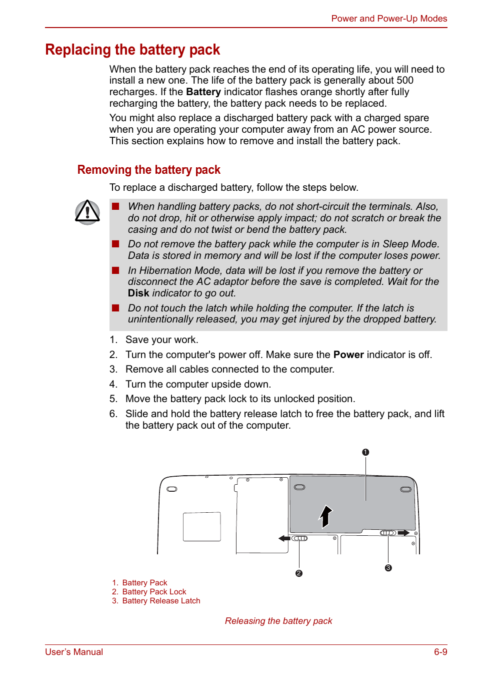 Replacing the battery pack, Replacing the battery pack -9, Removing the battery pack | Toshiba Qosmio X500 User Manual | Page 138 / 213