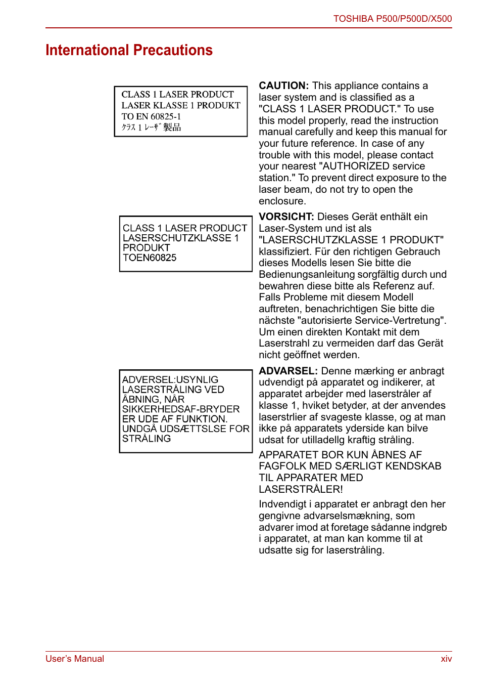 International precautions | Toshiba Qosmio X500 User Manual | Page 14 / 213