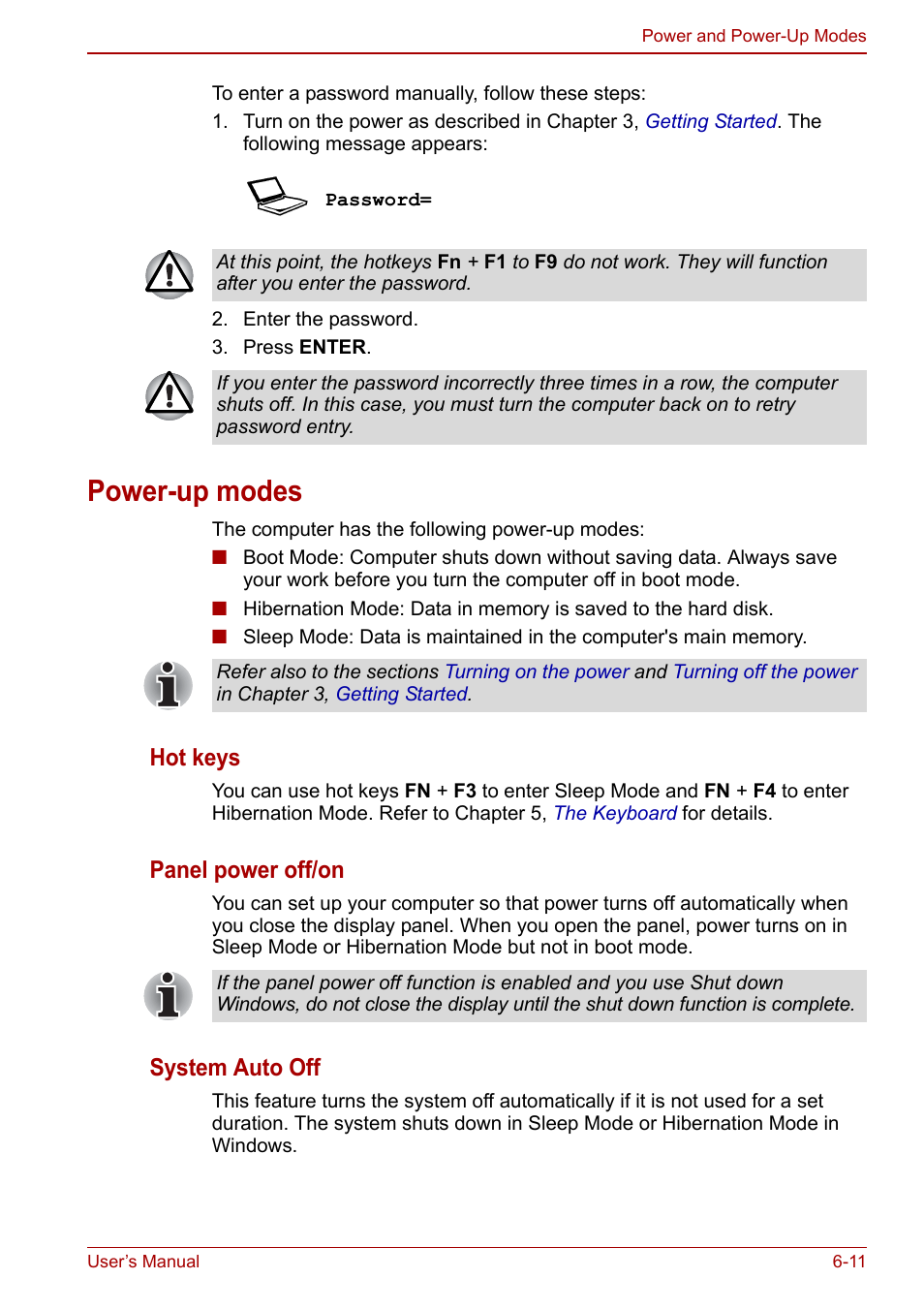 Power-up modes, Power-up modes -11, Hot keys | Panel power off/on, System auto off | Toshiba Qosmio X500 User Manual | Page 140 / 213