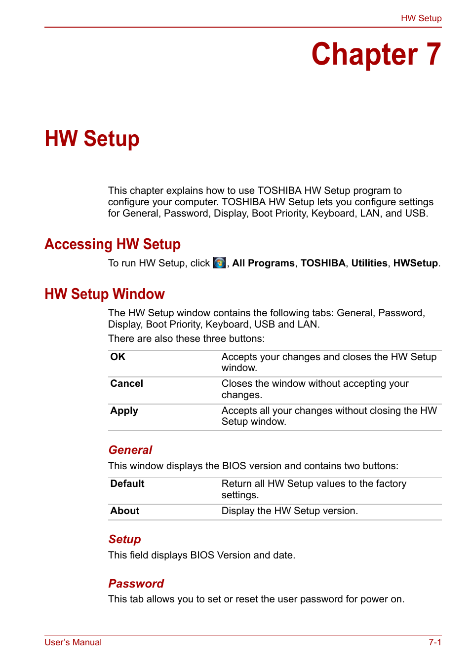 Chapter 7: hw setup, Accessing hw setup, Hw setup window | Chapter 7, Hw setup, Accessing hw setup -1 hw setup window -1 | Toshiba Qosmio X500 User Manual | Page 141 / 213