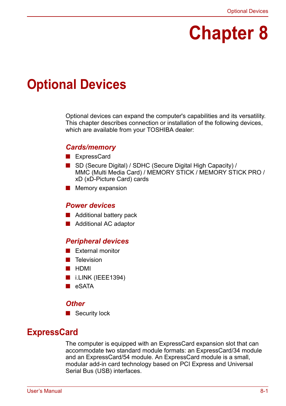 Chapter 8: optional devices, Expresscard, Chapter 8 | Optional devices, Expresscard -1 | Toshiba Qosmio X500 User Manual | Page 145 / 213