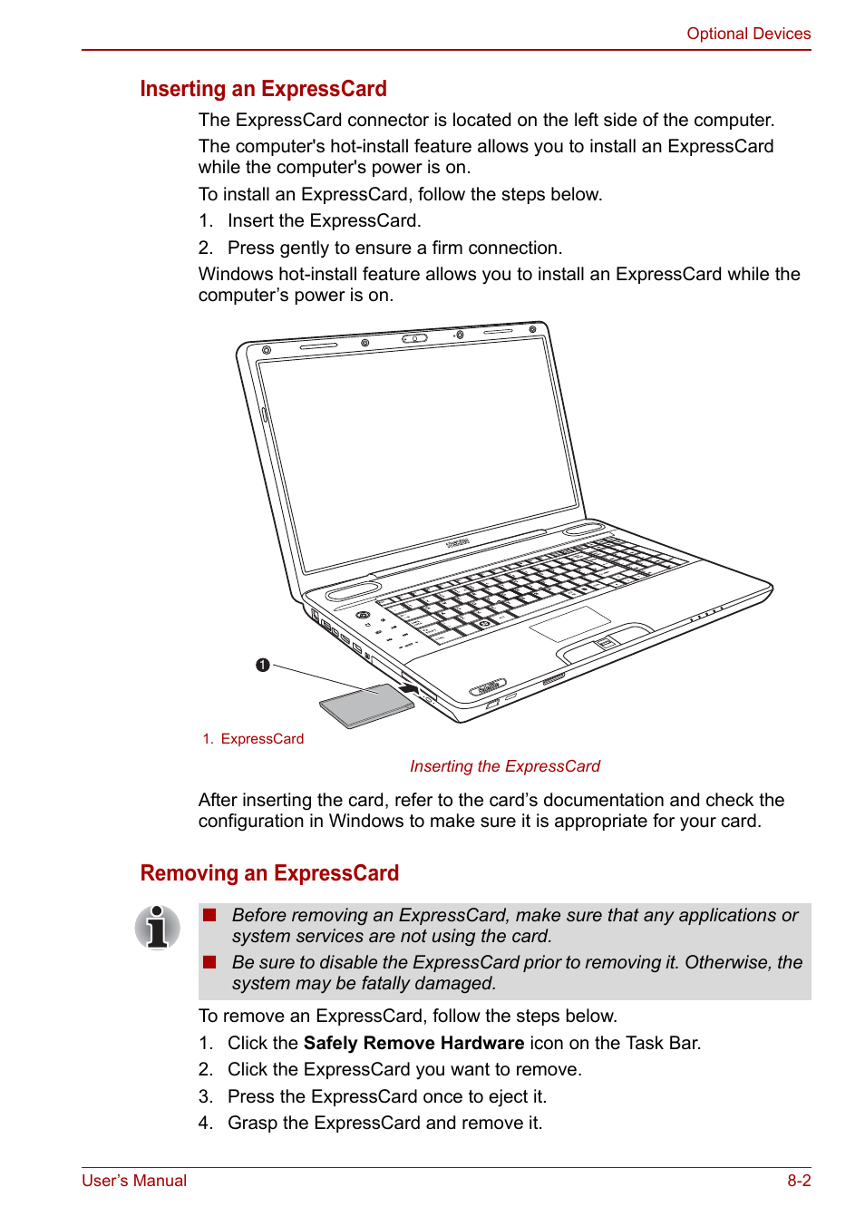 Inserting an expresscard, Removing an expresscard | Toshiba Qosmio X500 User Manual | Page 146 / 213