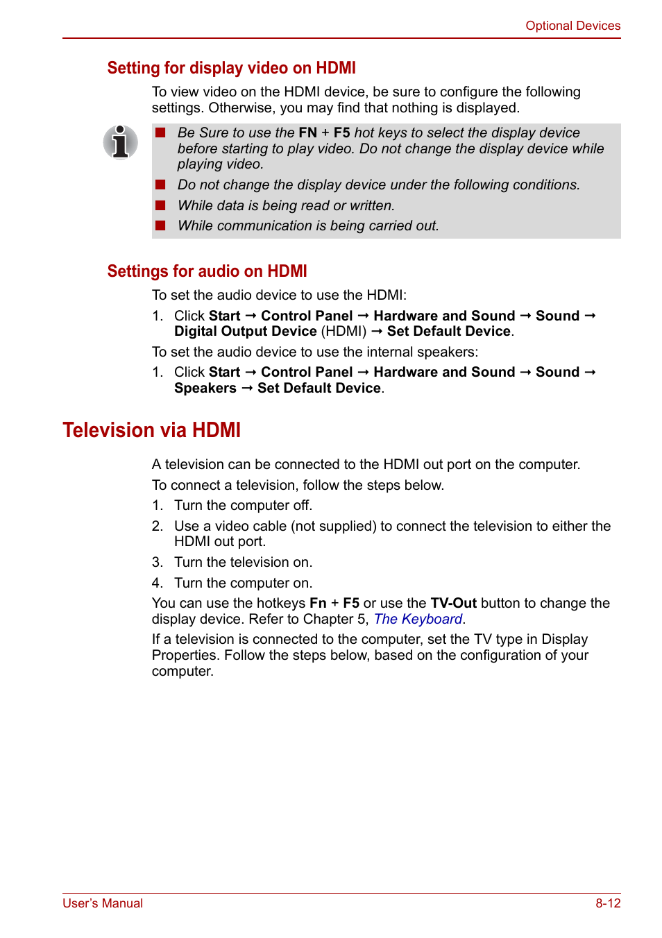 Television via hdmi, Television via hdmi -12, Setting for display video on hdmi | Settings for audio on hdmi | Toshiba Qosmio X500 User Manual | Page 156 / 213