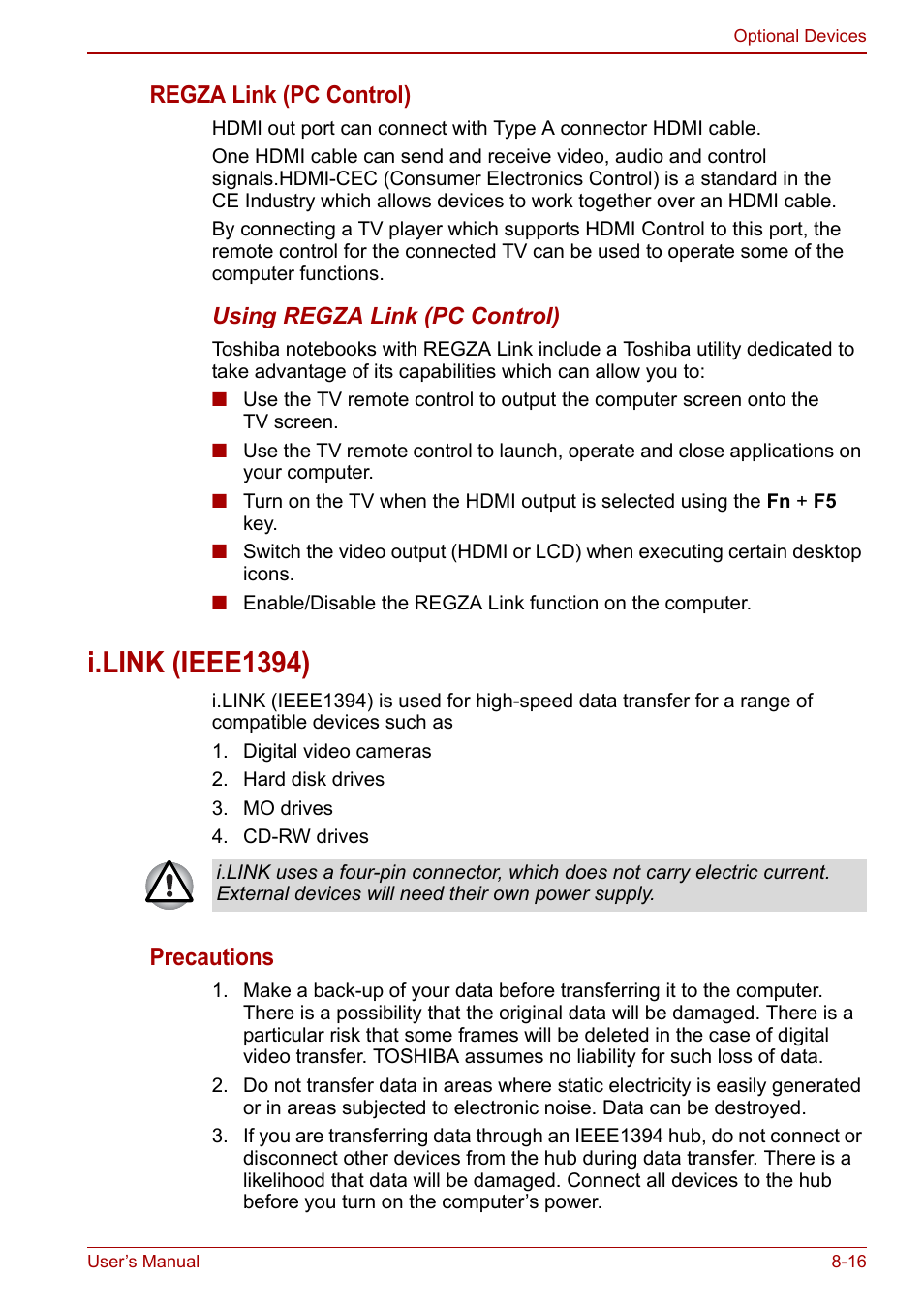 I.link (ieee1394), I.link (ieee1394) -16, Regza link (pc control) | Precautions | Toshiba Qosmio X500 User Manual | Page 160 / 213