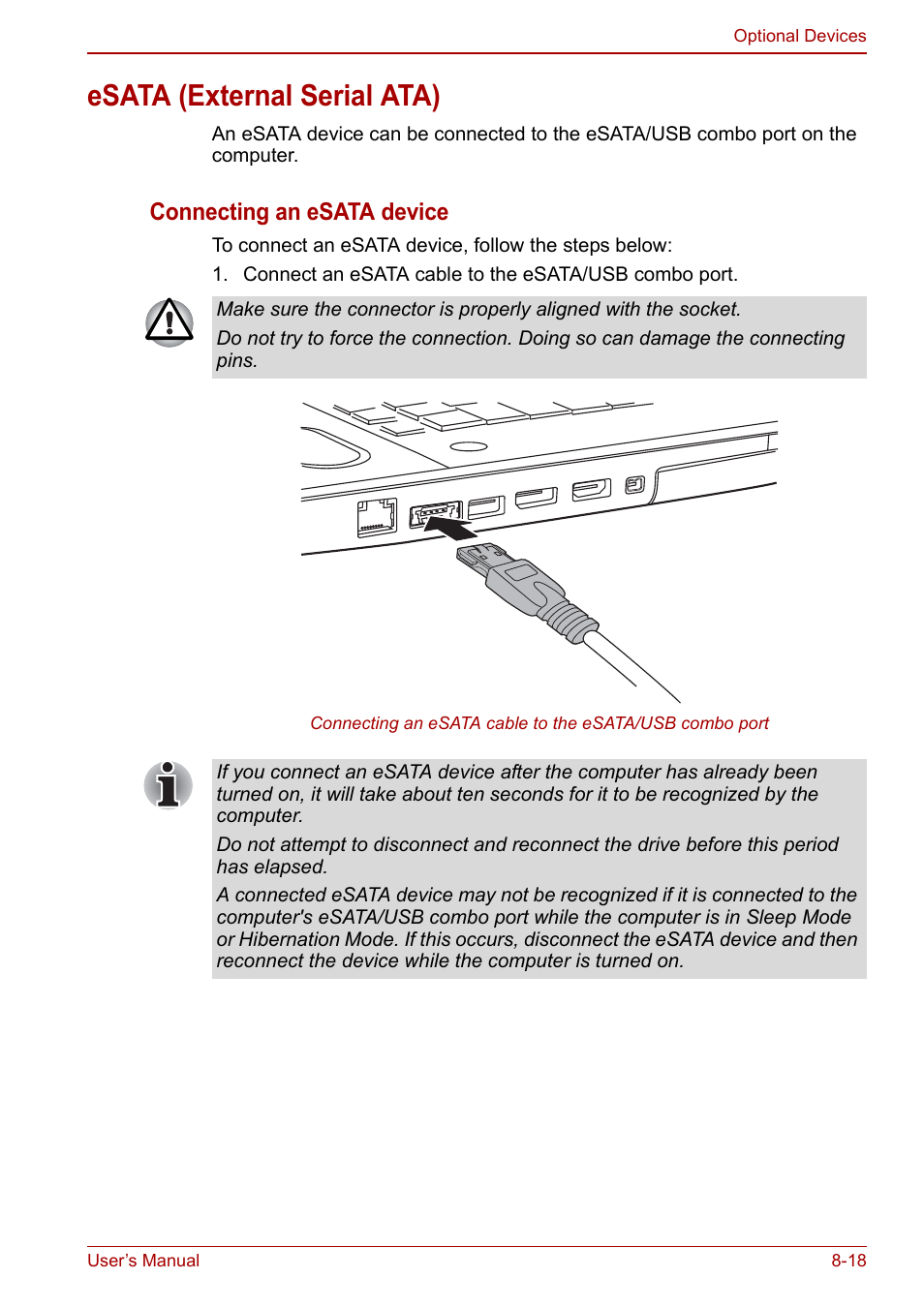 Esata (external serial ata), Esata (external serial ata) -18, Connecting an esata device | Toshiba Qosmio X500 User Manual | Page 162 / 213