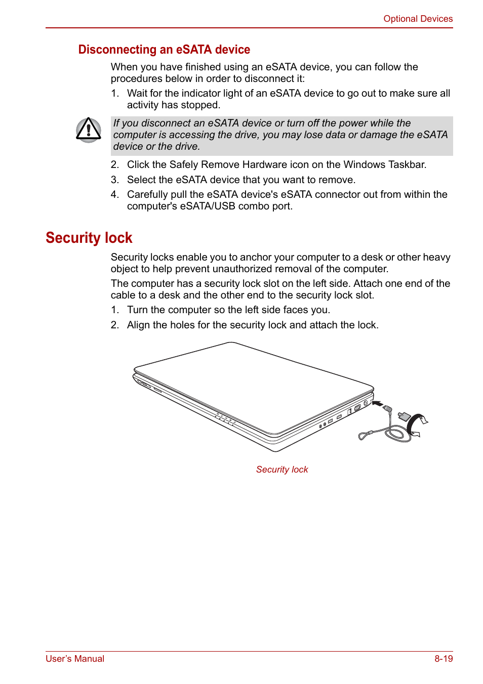 Security lock, Security lock -19, Disconnecting an esata device | Toshiba Qosmio X500 User Manual | Page 163 / 213