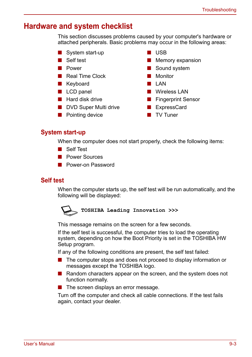 Hardware and system checklist, Hardware and system checklist -3, System start-up | Self test | Toshiba Qosmio X500 User Manual | Page 166 / 213