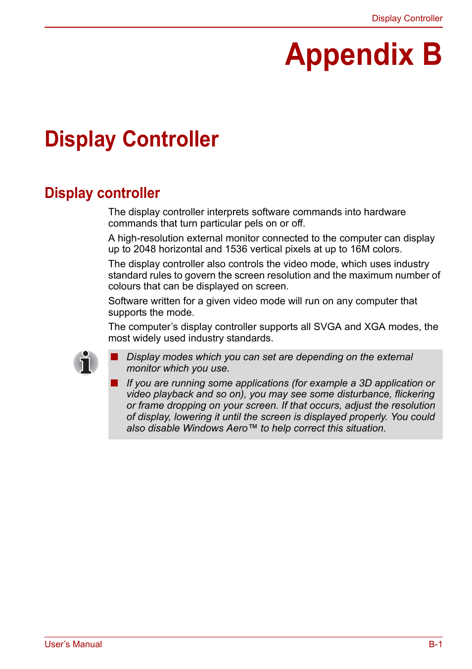 Appendix b: display controller, Appendix b, Display controller | Display, Controller, Dix b | Toshiba Qosmio X500 User Manual | Page 182 / 213