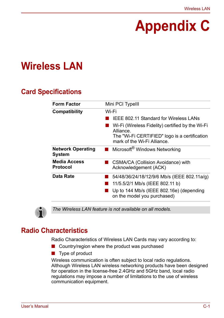 Appendix c: wireless lan, Appendix c, Wireless lan | Card specifications radio characteristics | Toshiba Qosmio X500 User Manual | Page 183 / 213