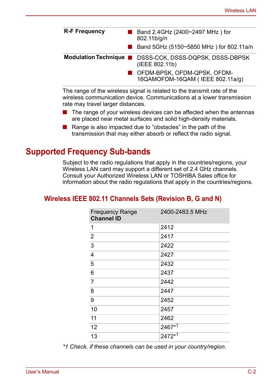 Supported frequency sub-bands | Toshiba Qosmio X500 User Manual | Page 184 / 213