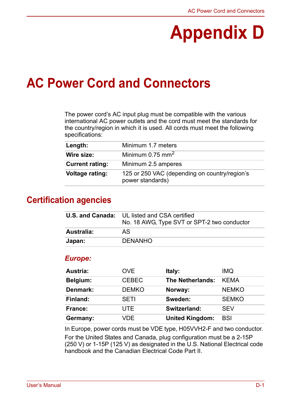 Appendix d: ac power cord and connectors, Appendix d, Ac power cord and connectors | Certification agencies | Toshiba Qosmio X500 User Manual | Page 186 / 213