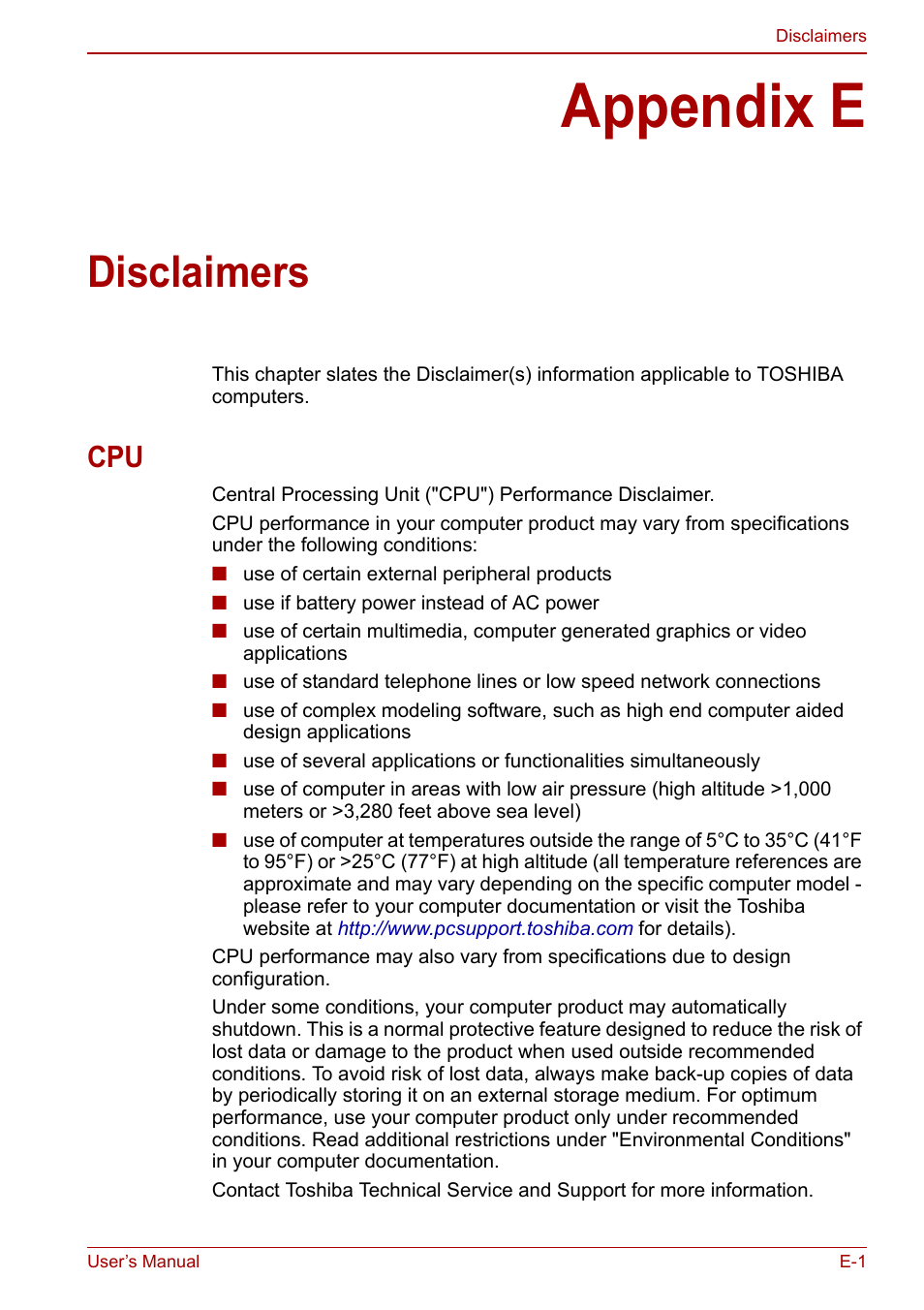 Appendix e: disclaimers, Appendix e, Disclaimers | Toshiba Qosmio X500 User Manual | Page 188 / 213