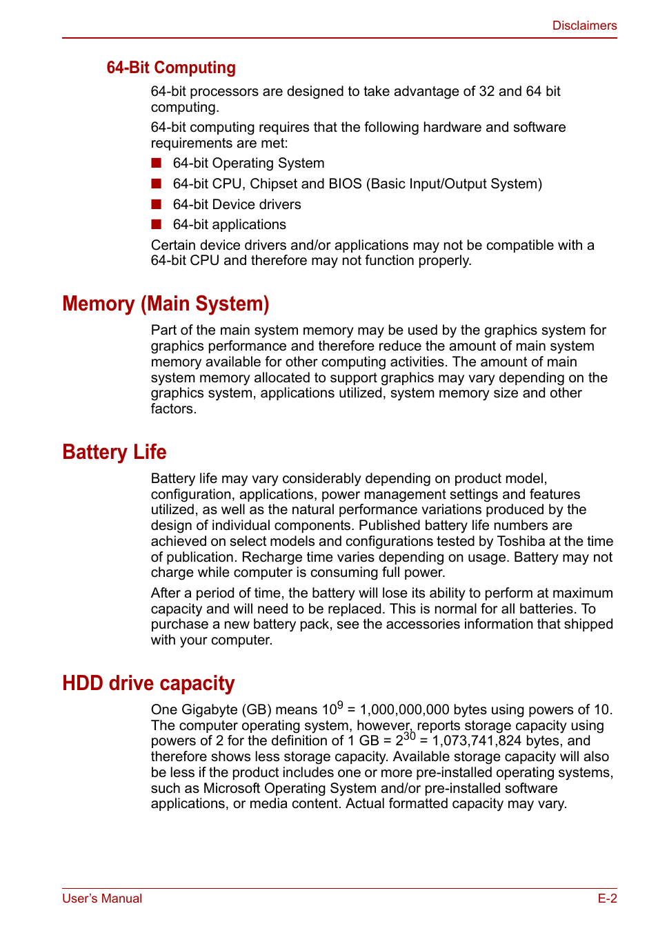 Battery life, Hdd drive capacity, Bit computing | Toshiba Qosmio X500 User Manual | Page 189 / 213