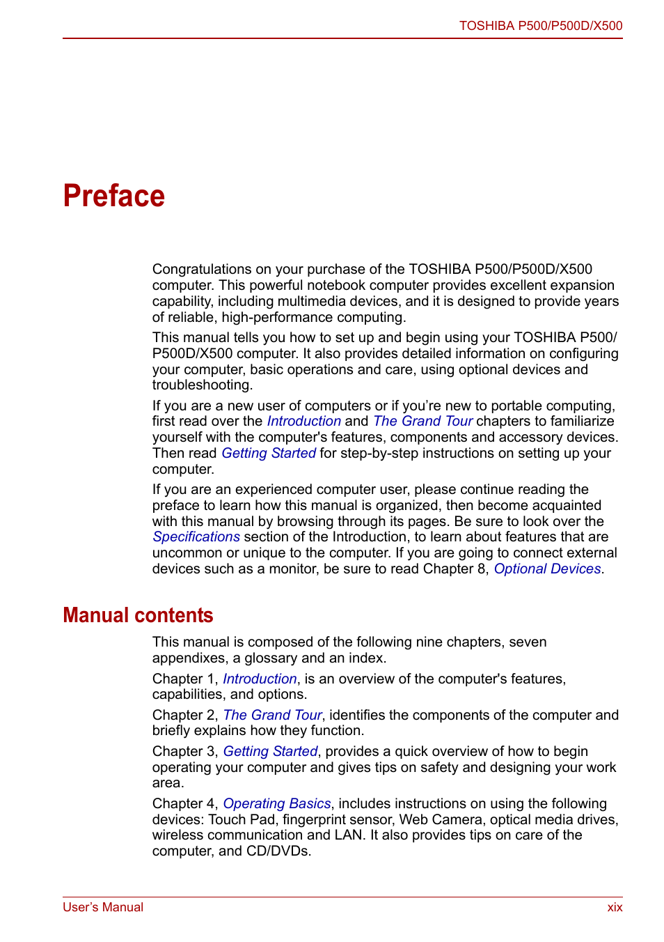 Preface, Manual contents | Toshiba Qosmio X500 User Manual | Page 19 / 213