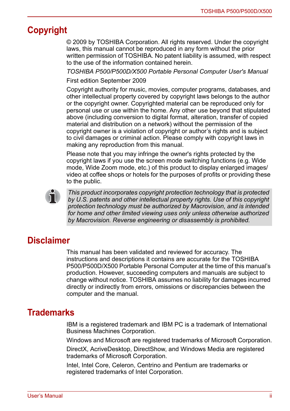 Copyright, Disclaimer, Trademarks | Toshiba Qosmio X500 User Manual | Page 2 / 213