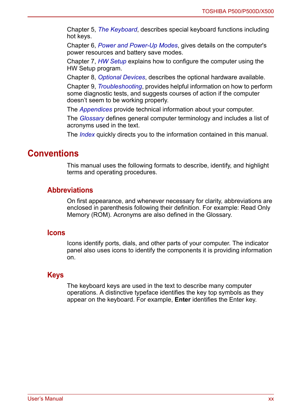 Conventions, Abbreviations, Icons | Keys | Toshiba Qosmio X500 User Manual | Page 20 / 213