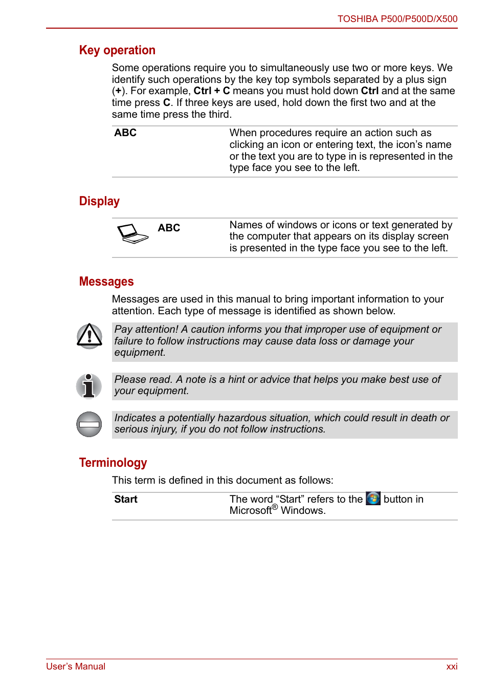 Key operation, Display messages, Terminology | Toshiba Qosmio X500 User Manual | Page 21 / 213