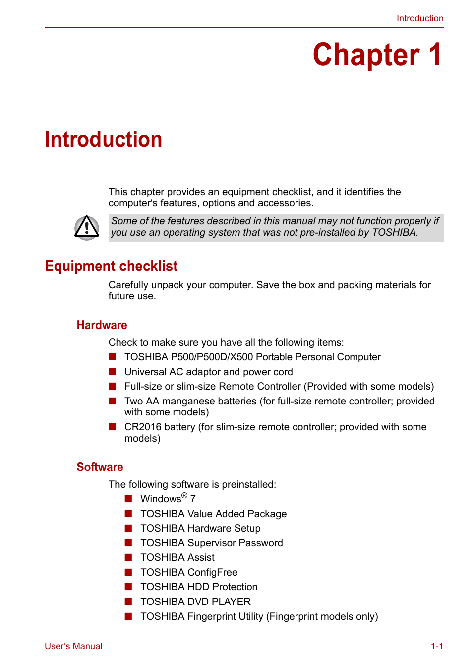 Chapter 1: introduction, Equipment checklist, Chapter 1 | Introduction, Equipment checklist -1, Is an overvie | Toshiba Qosmio X500 User Manual | Page 25 / 213