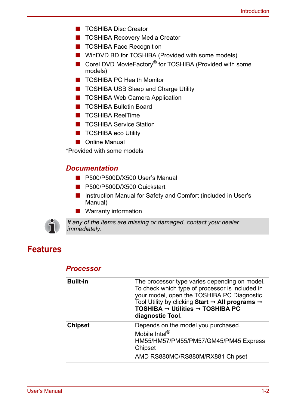 Features, Features -2 | Toshiba Qosmio X500 User Manual | Page 26 / 213