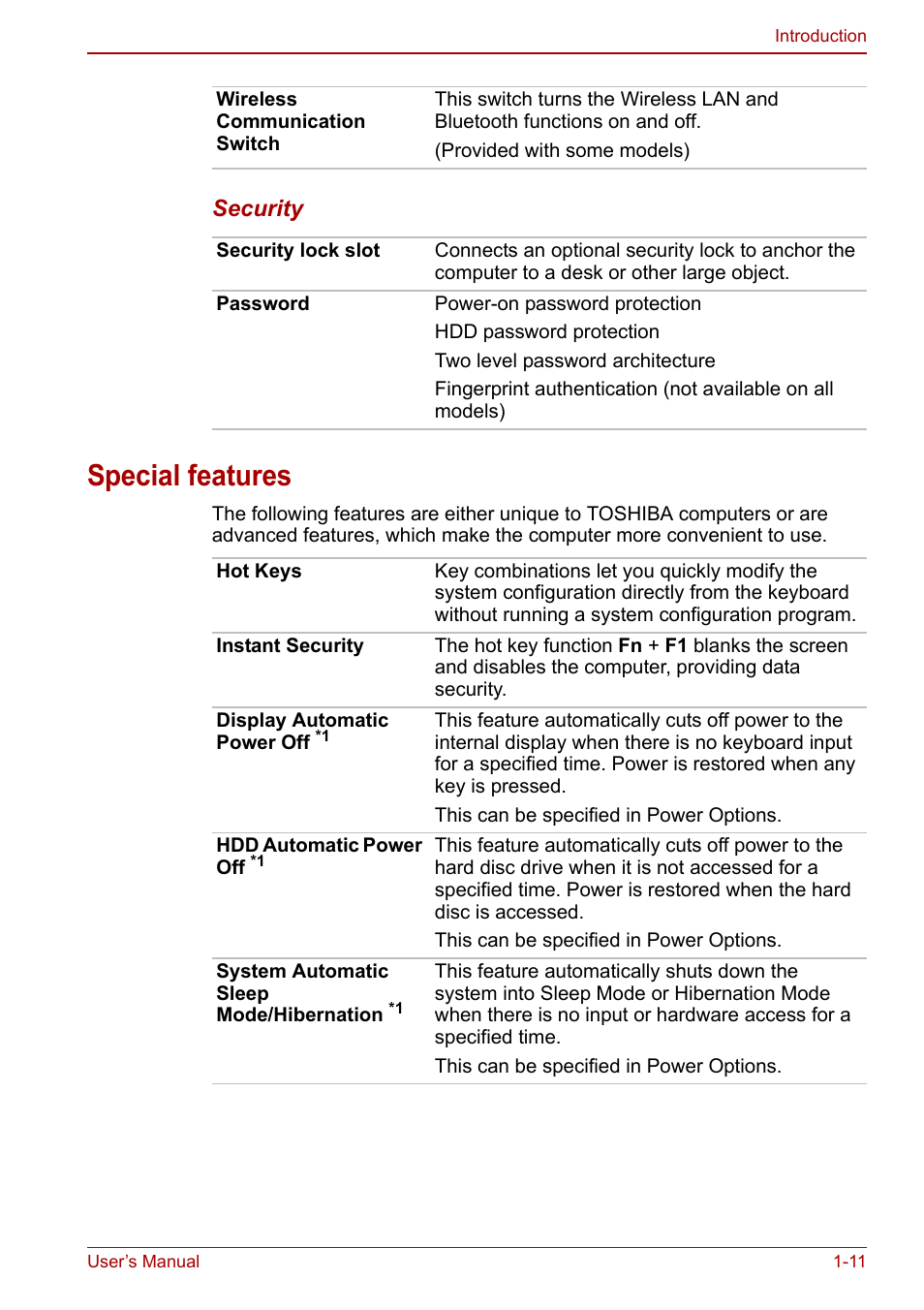 Special features, Special features -11 | Toshiba Qosmio X500 User Manual | Page 35 / 213