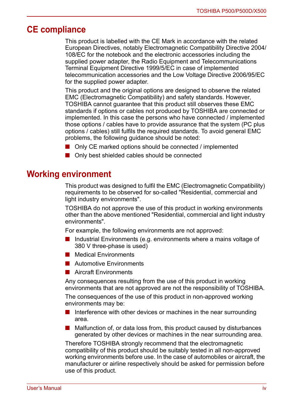 Ce compliance, Working environment | Toshiba Qosmio X500 User Manual | Page 4 / 213