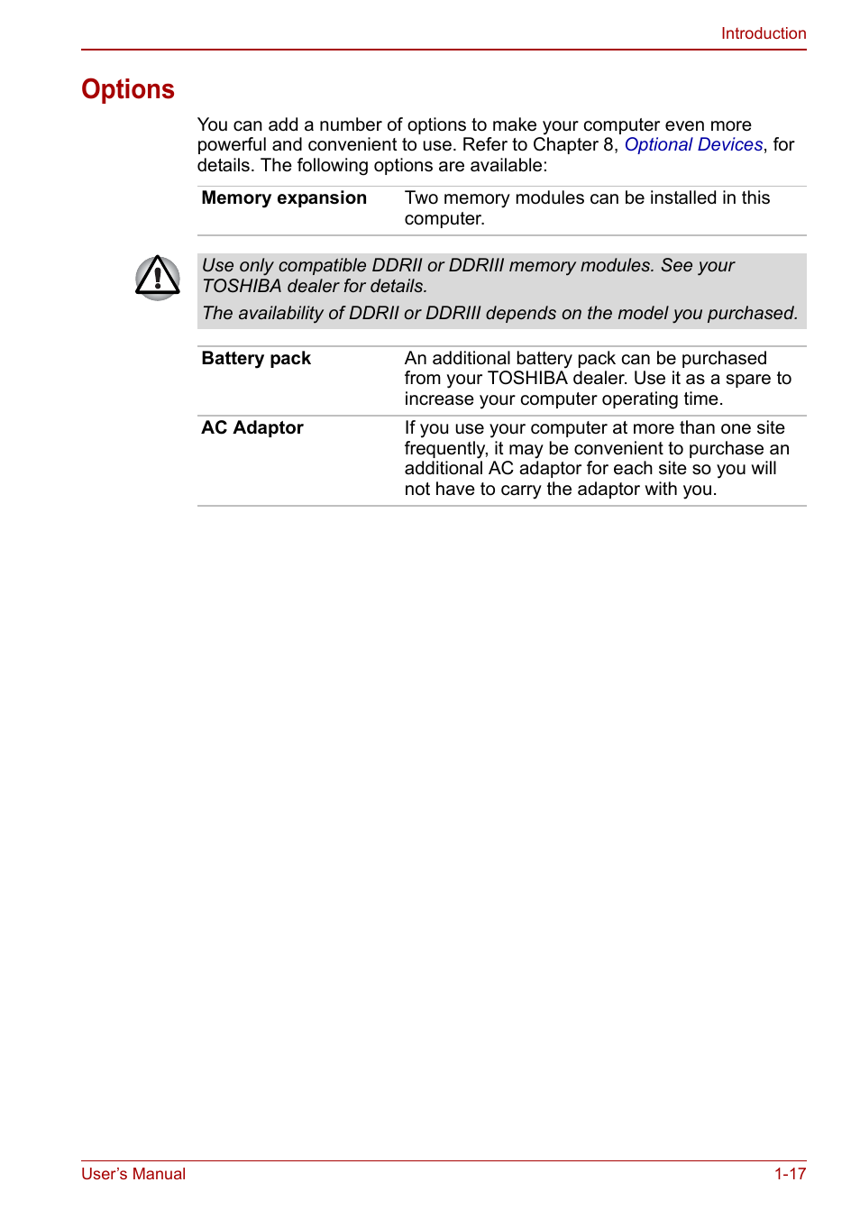 Options, Options -17 | Toshiba Qosmio X500 User Manual | Page 41 / 213