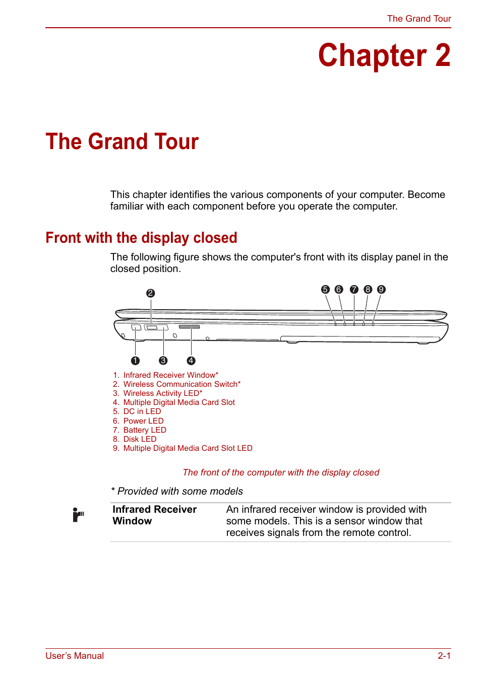 Chapter 2: the grand tour, Front with the display closed, Chapter 2 | The grand tour, Front with the display closed -1 | Toshiba Qosmio X500 User Manual | Page 42 / 213