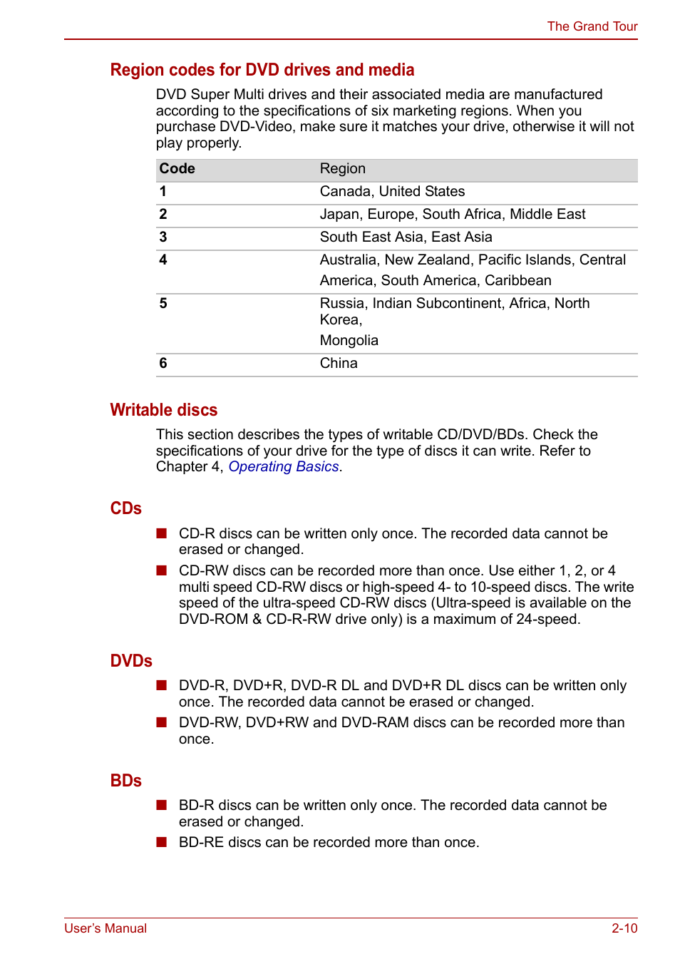 Region codes for dvd drives and media, Writable discs, Dvds | Toshiba Qosmio X500 User Manual | Page 51 / 213